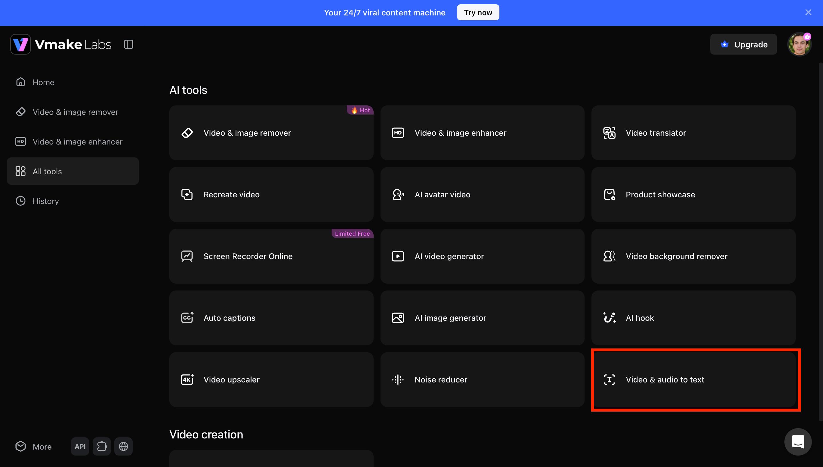 Open the Video & Audio to Text Tool