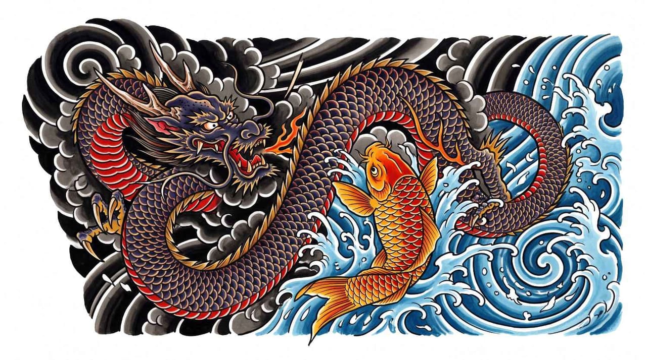 text Dragon and Koi Fish Composition Prompt