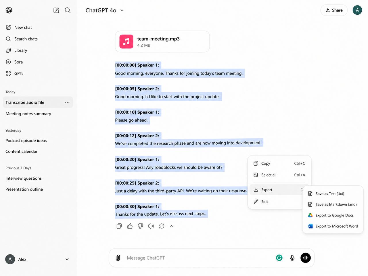 text Review, edit, and export the transcript