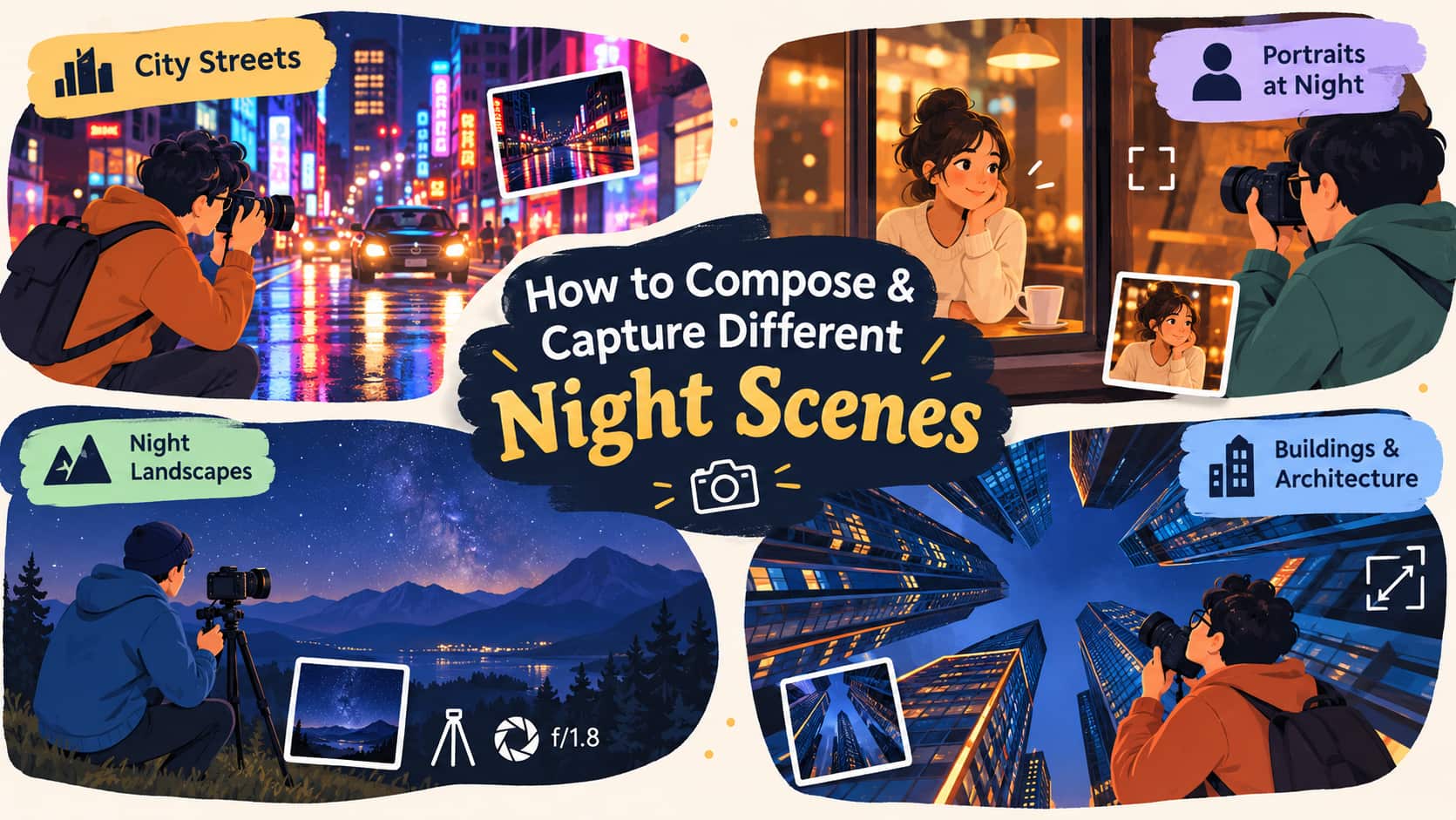 text How to compose and capture different night scenes