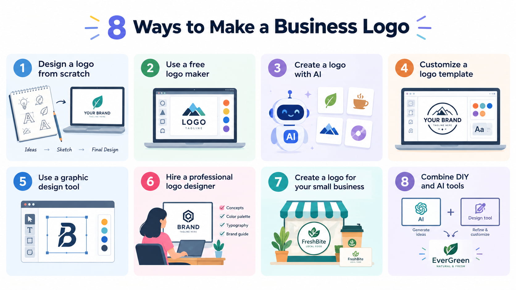 text 8 Ways to make a business logo