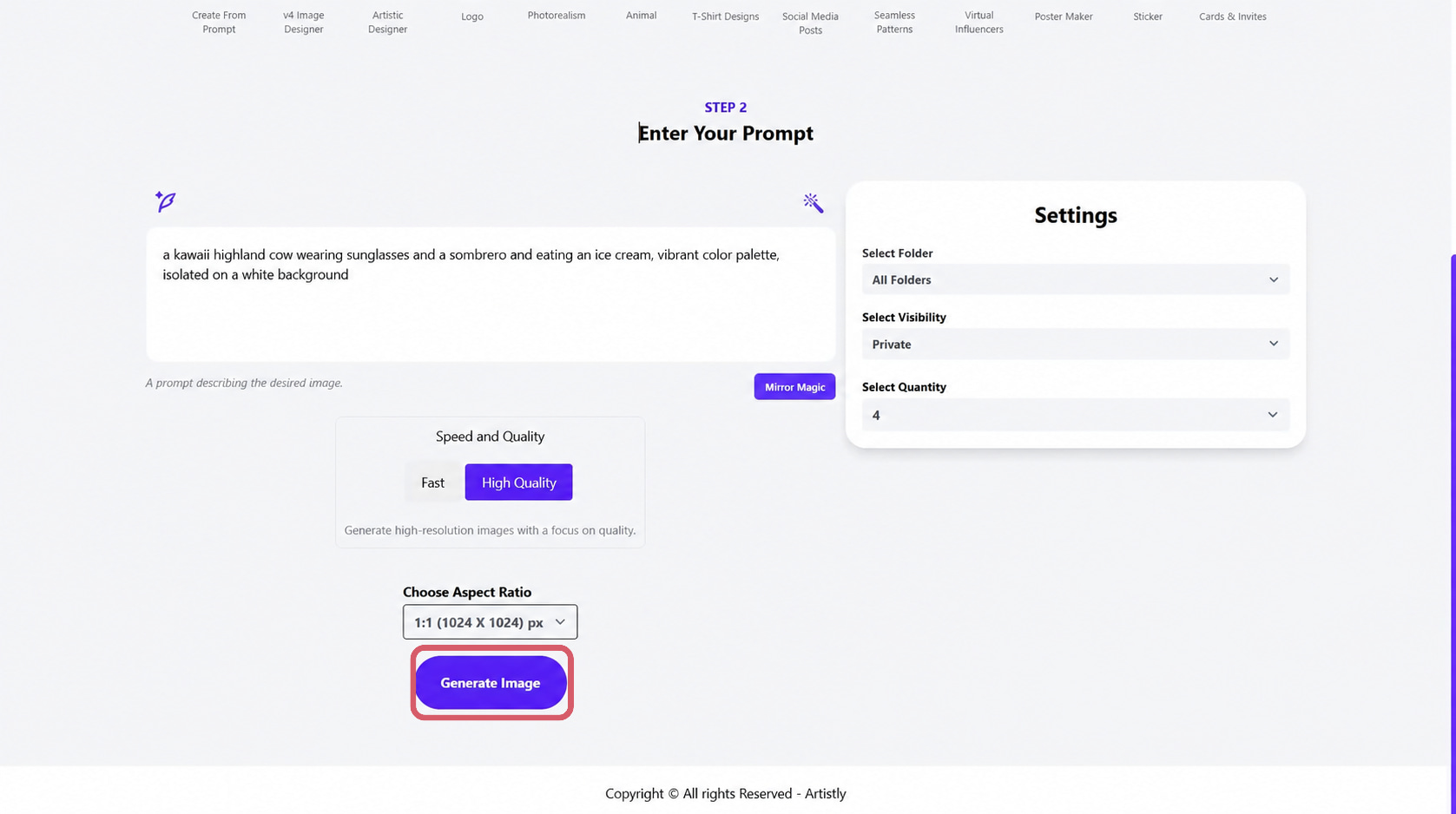 Enter your prompt with settings and generate image