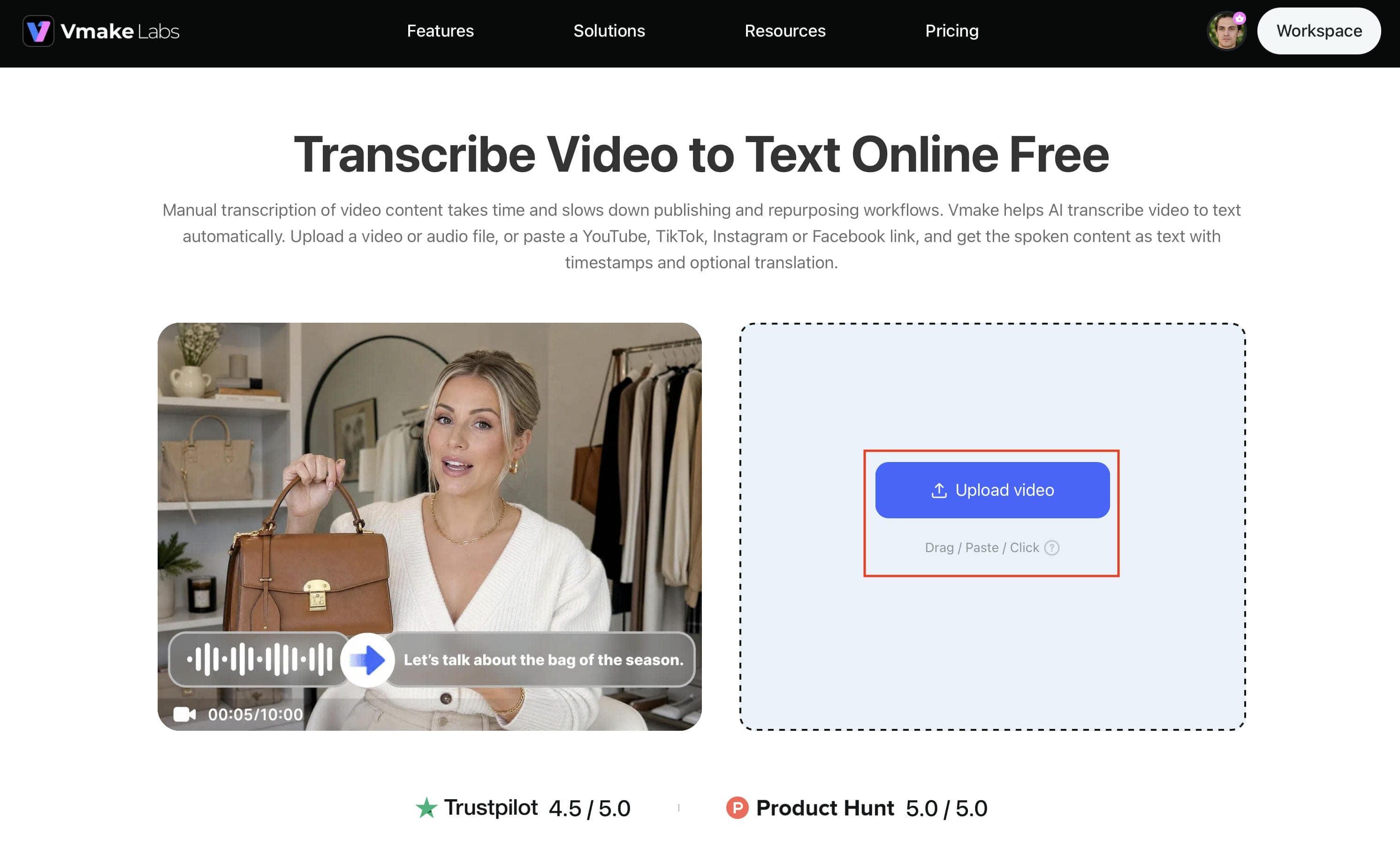text Upload your audio or video, or paste the link