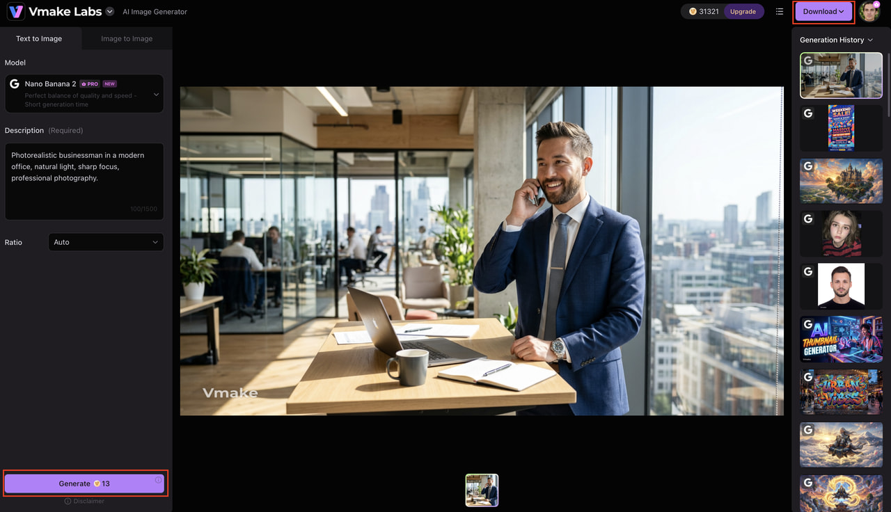 text Generate, review, and download your realistic AI image.