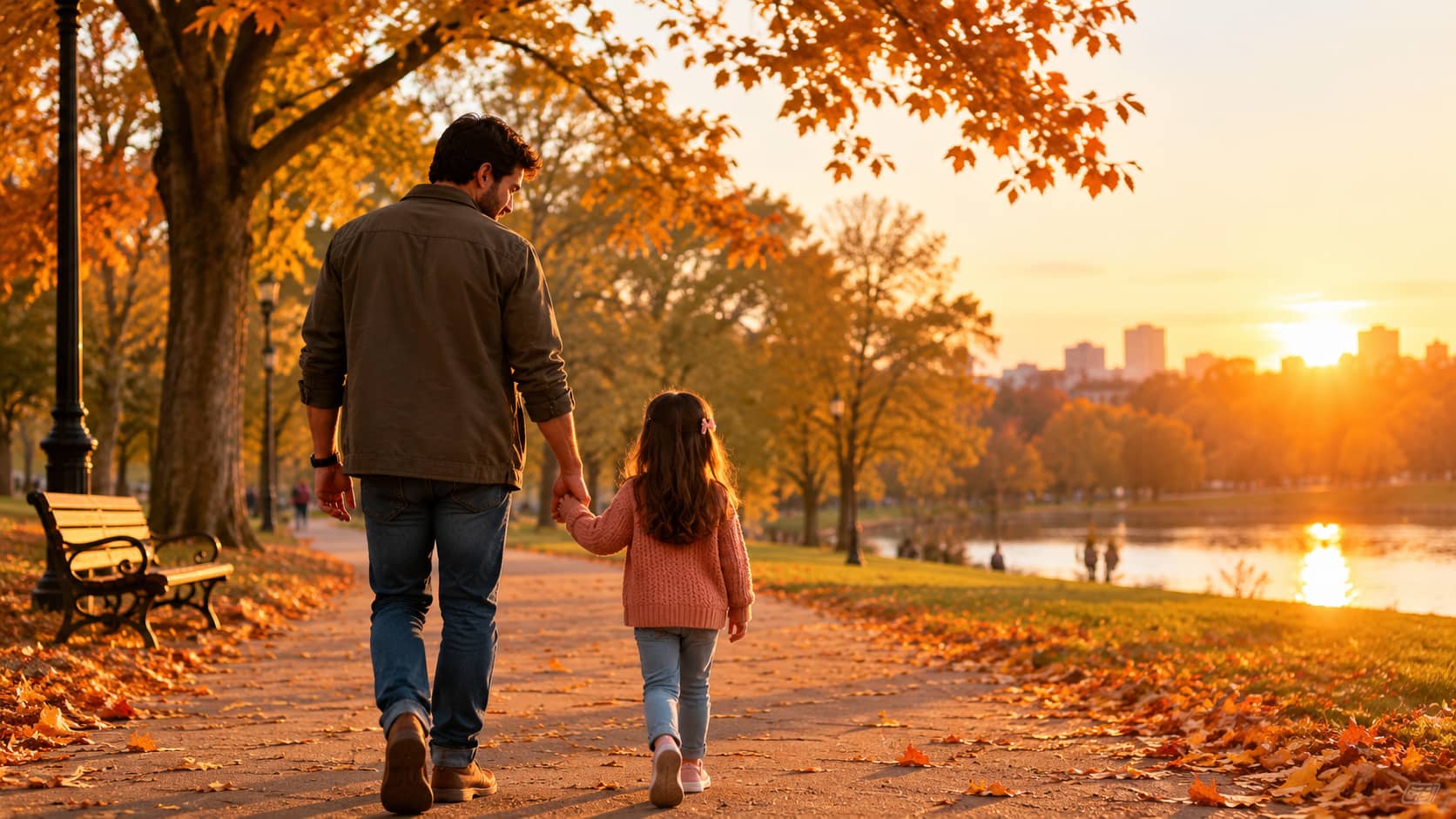 Father and daughter walk hand in hand