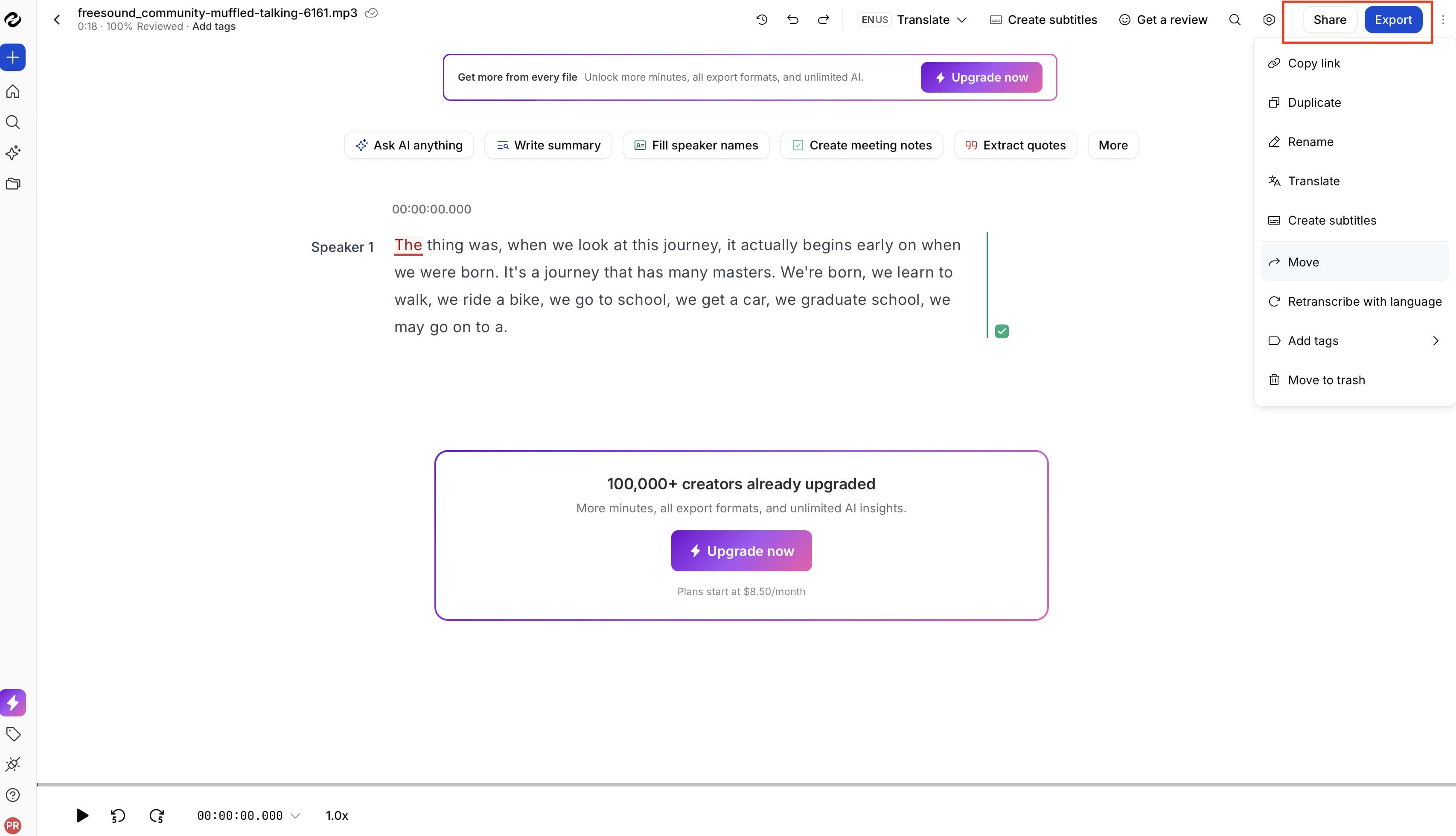 Edit and export your transcript