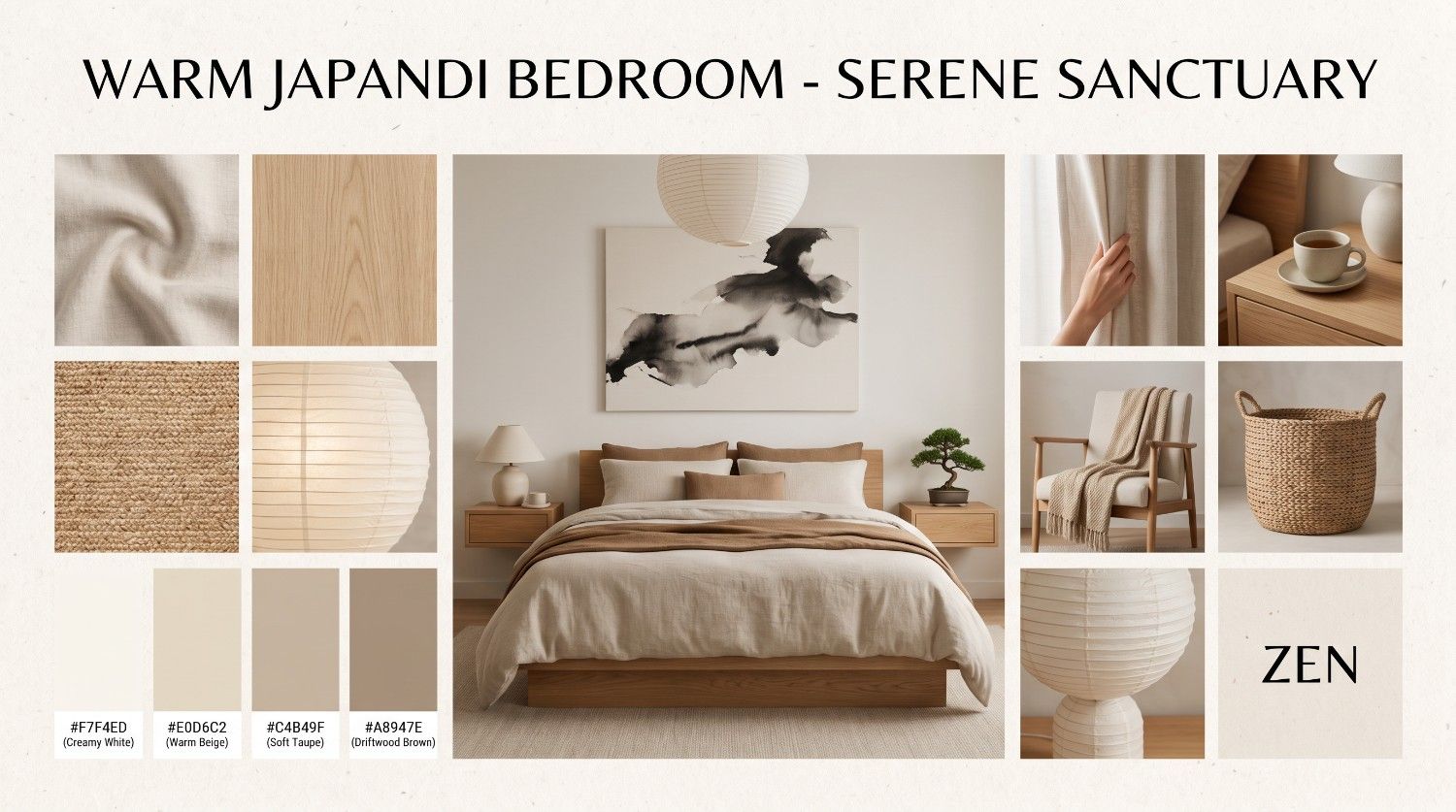 text Warm Japandi bedroom mood board