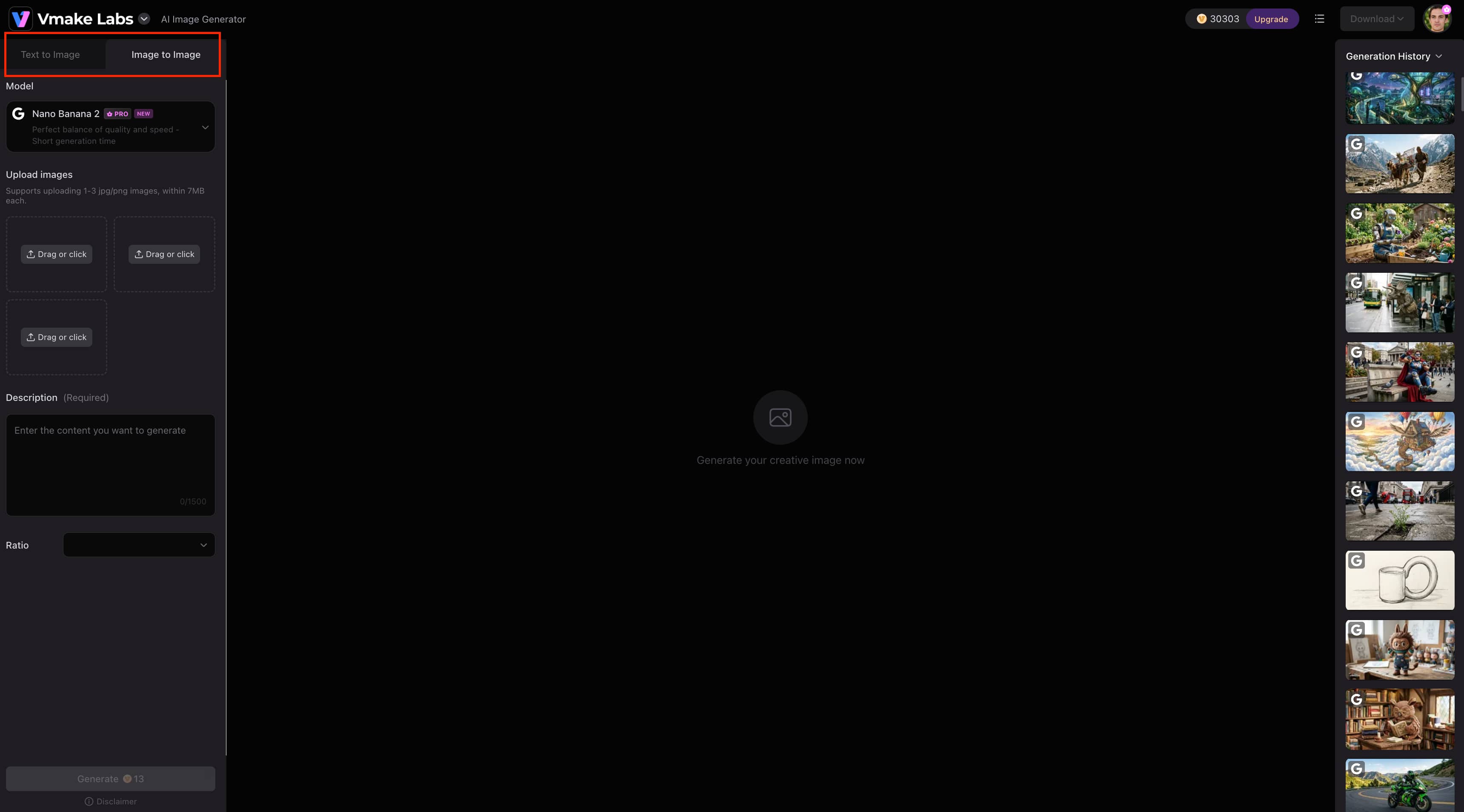 Choose text to image or image to image