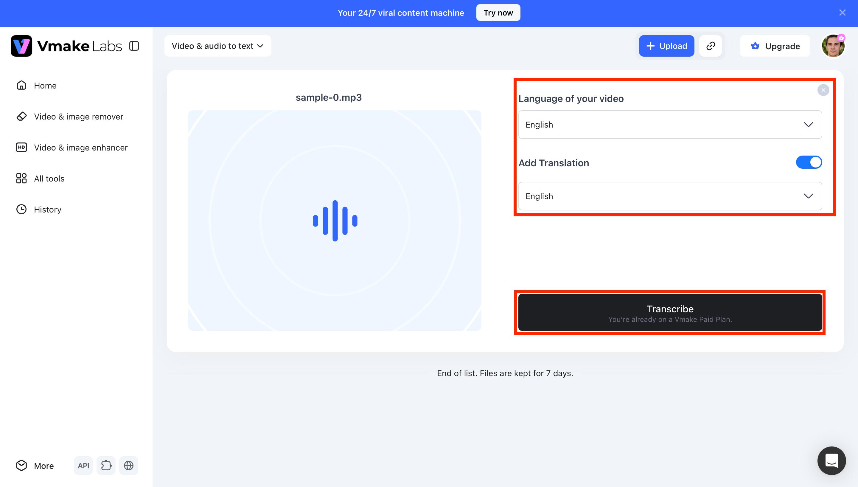 Select the Language and Start Transcription