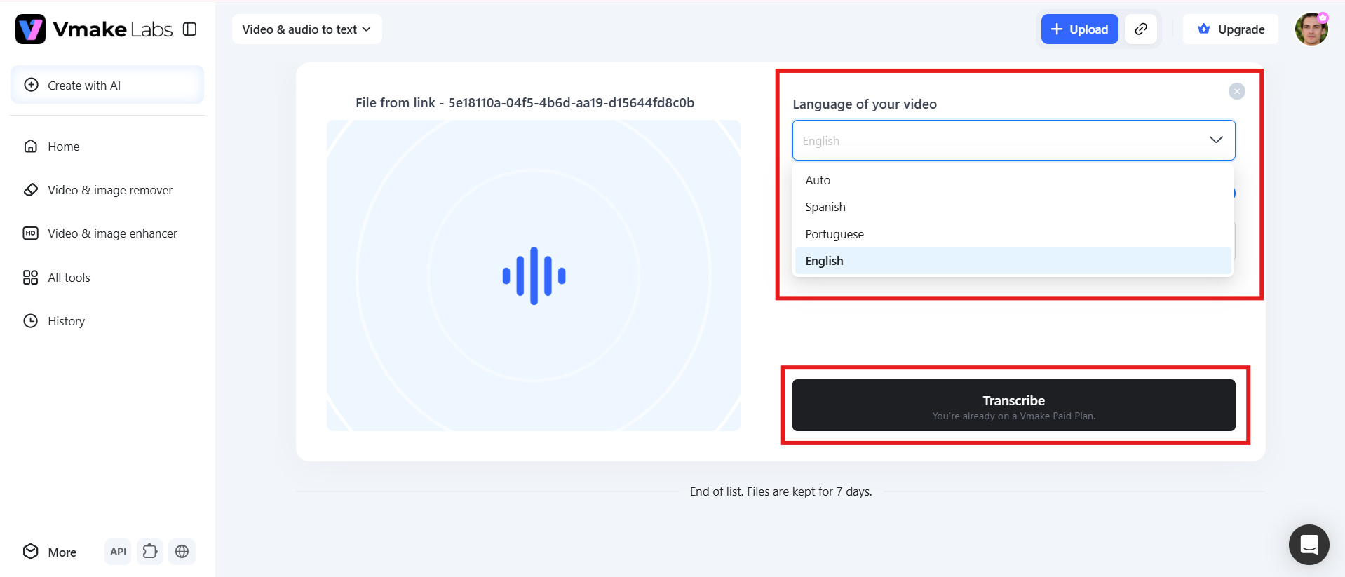 text Choose the language and transcription settings