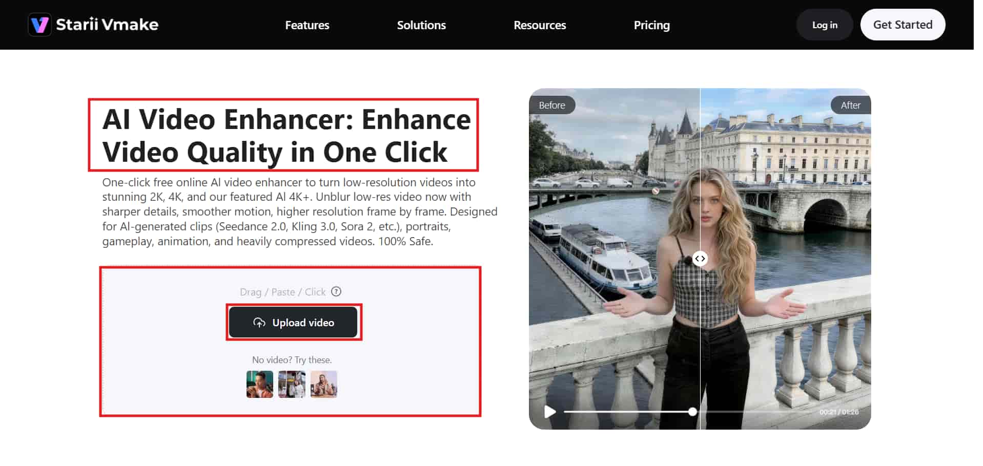 AI video enhancement workspace upload interface