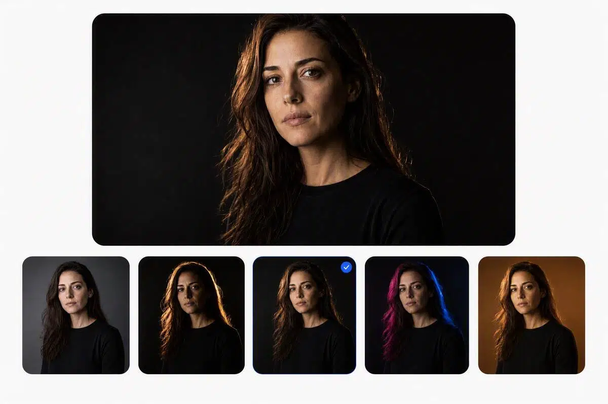 AI lighting preset selector showing multiple portrait lighting styles