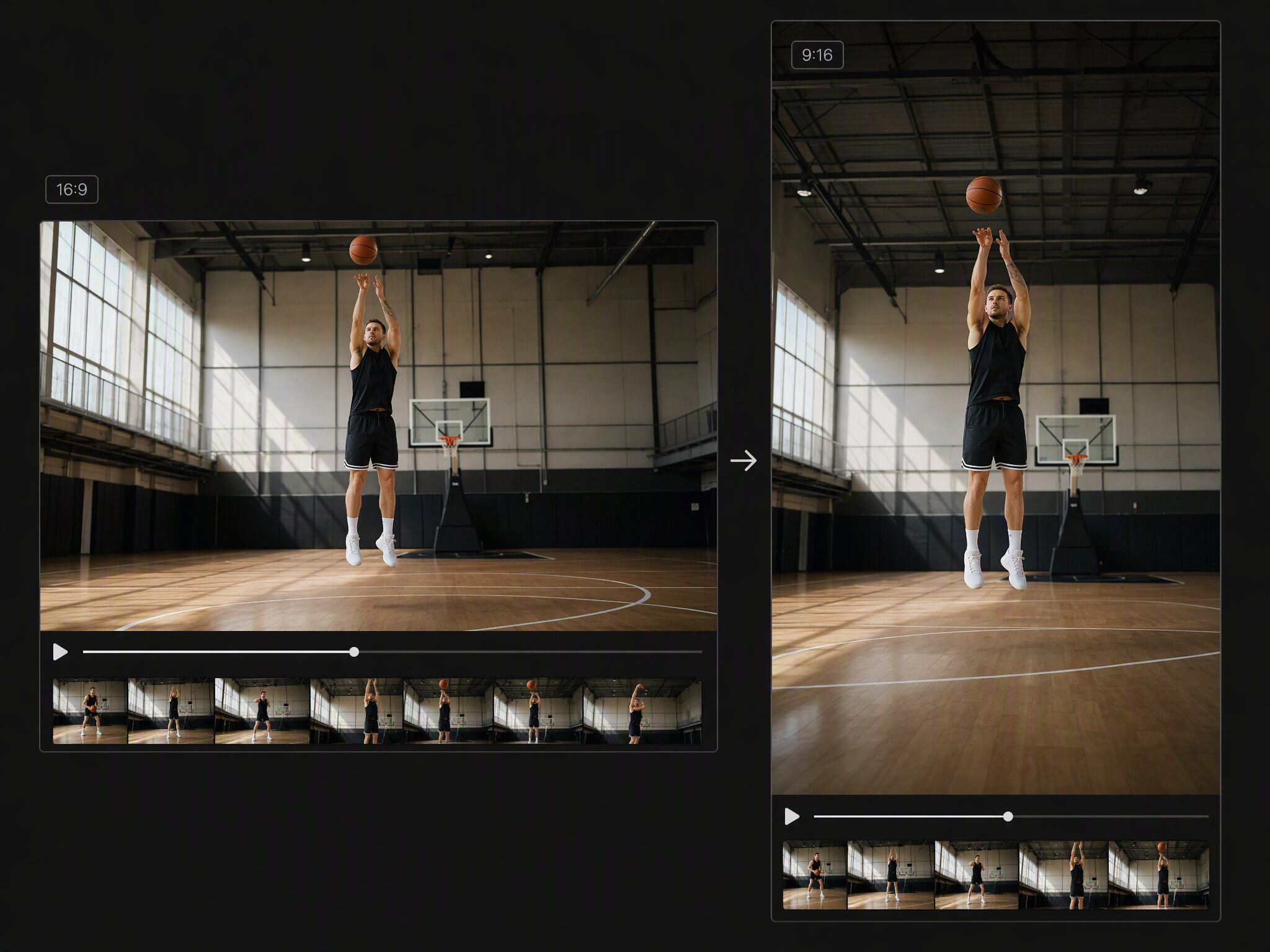 AI video expansion preview comparing landscape and portrait basketball footage