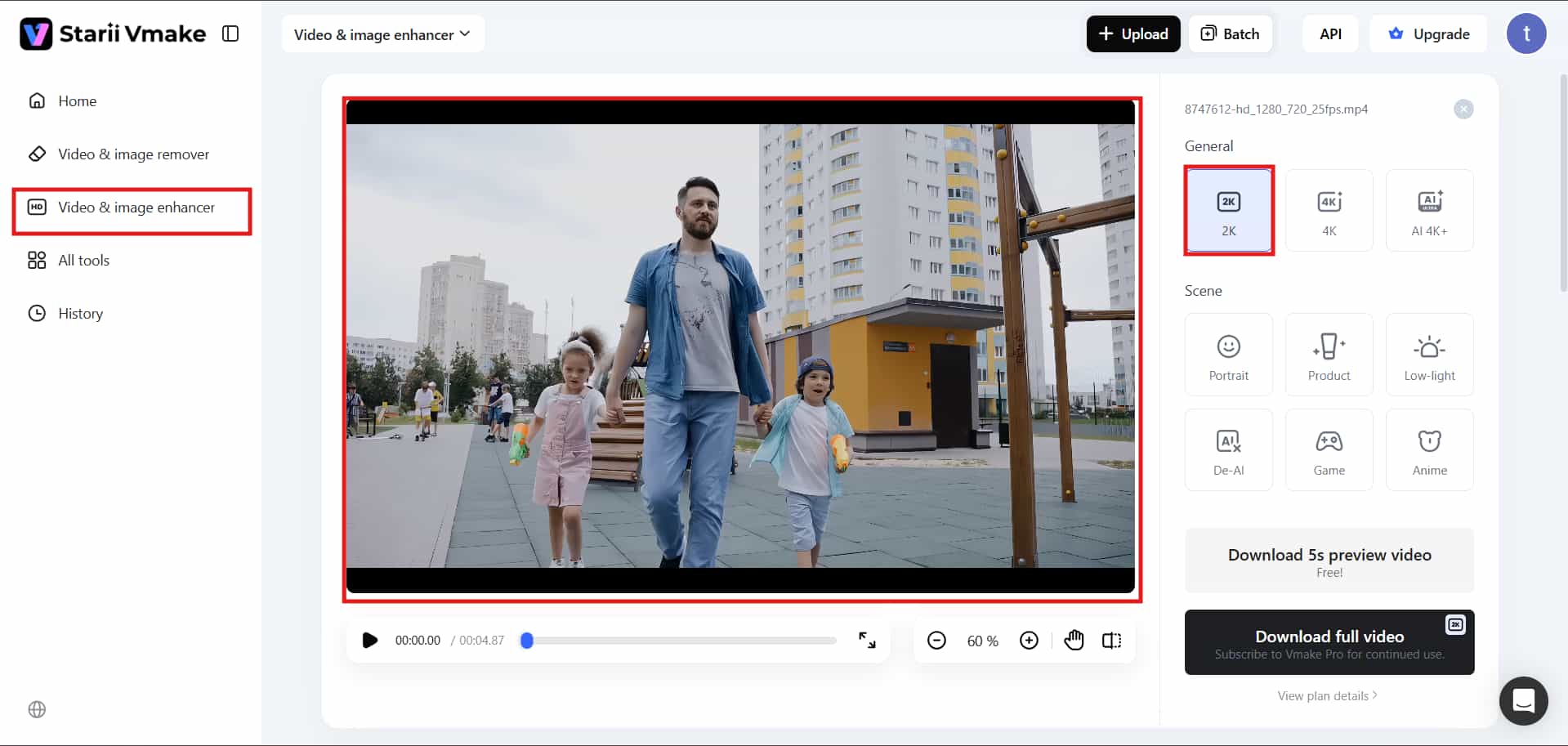 Adjusting Vmake video enhancement settings panel.
