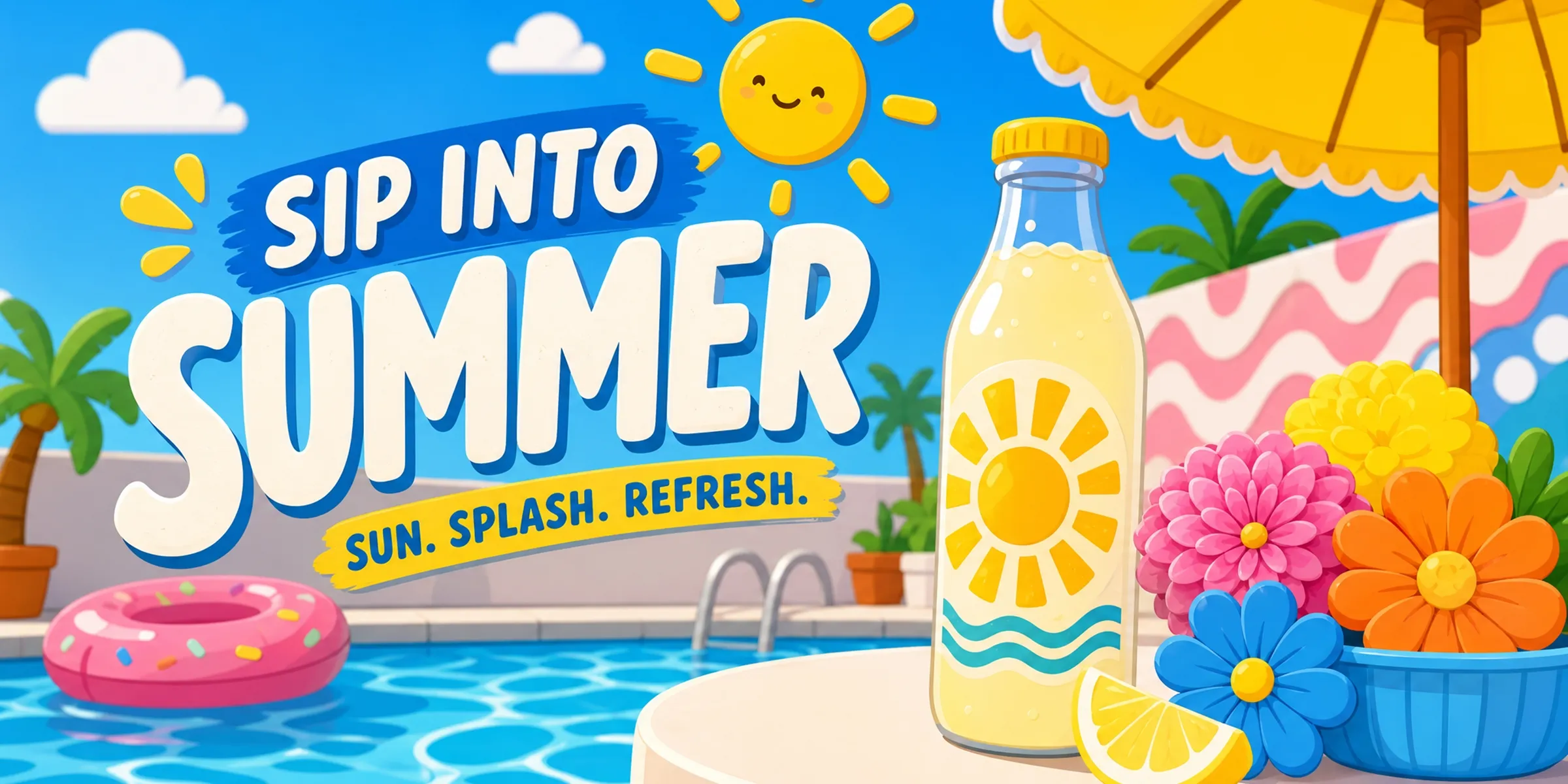 Colorful cartoon summer campaign artwork with a pool and flowers