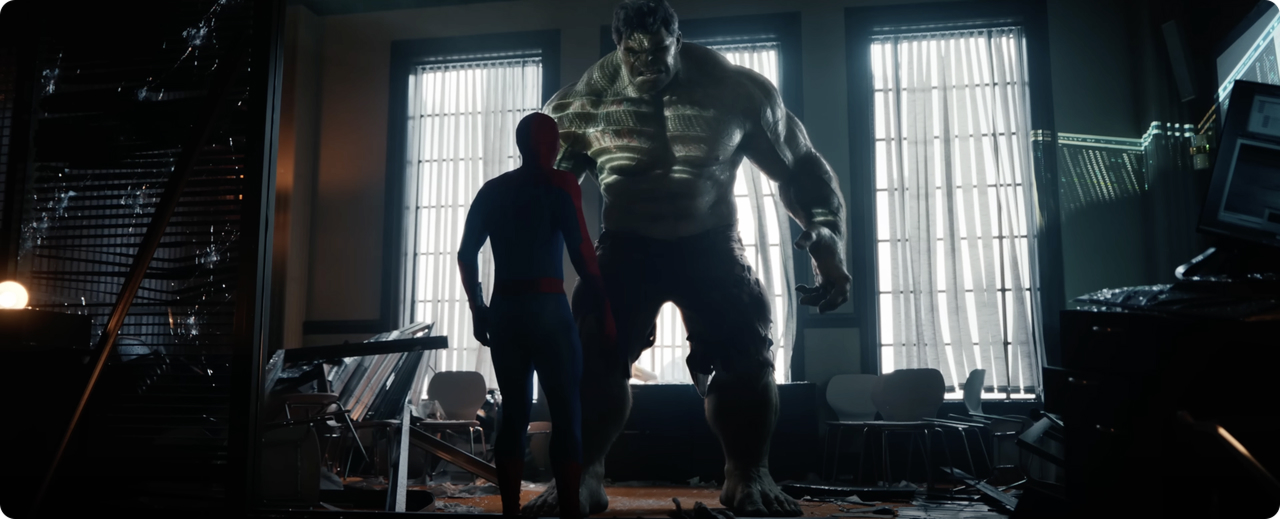Spider-Man faces Hulk in a damaged room
