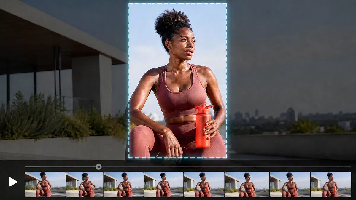 Athlete video framed inside a 9:16 safe area with a gray timeline playhead