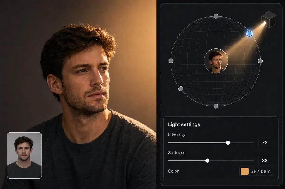 Custom light controls with a spherical light position selector and light settings
