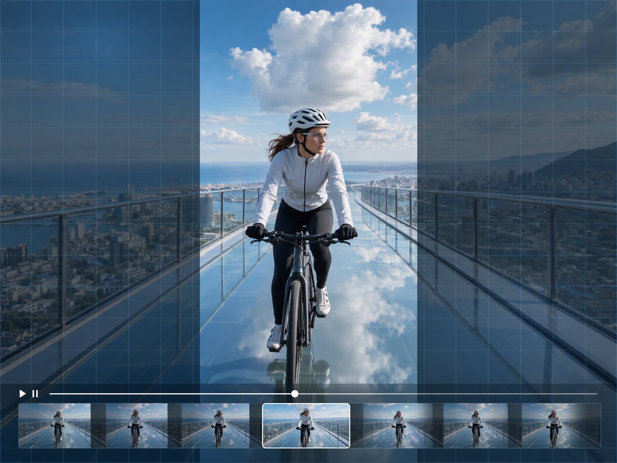 AI video expander hero preview showing a cyclist on a glass bridge